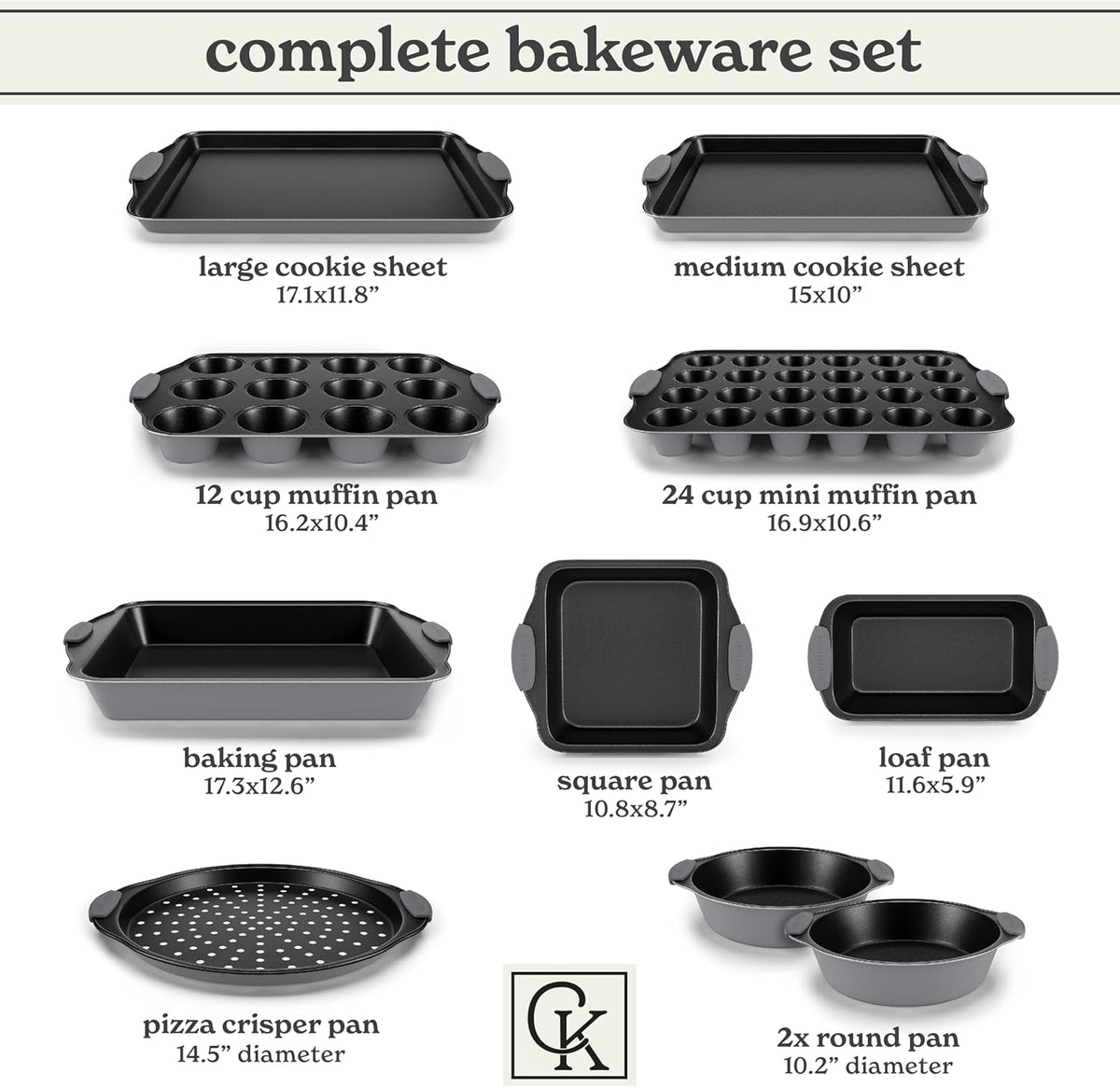 Country Kitchen Nonstick Stackable Bakeware Set - Heavy Duty, Durable, Easy Release Baking Set, Grey, 10 Pcs