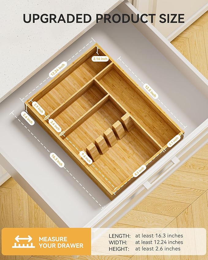 Yofidra Bamboo Silverware Organizer, 16.3″x12.24″x2.6″ Kitchen Utensil Drawer Organizer, Silverware Tray for Drawer with Fixed Slots for Spoons, Forks & Knives, Natural