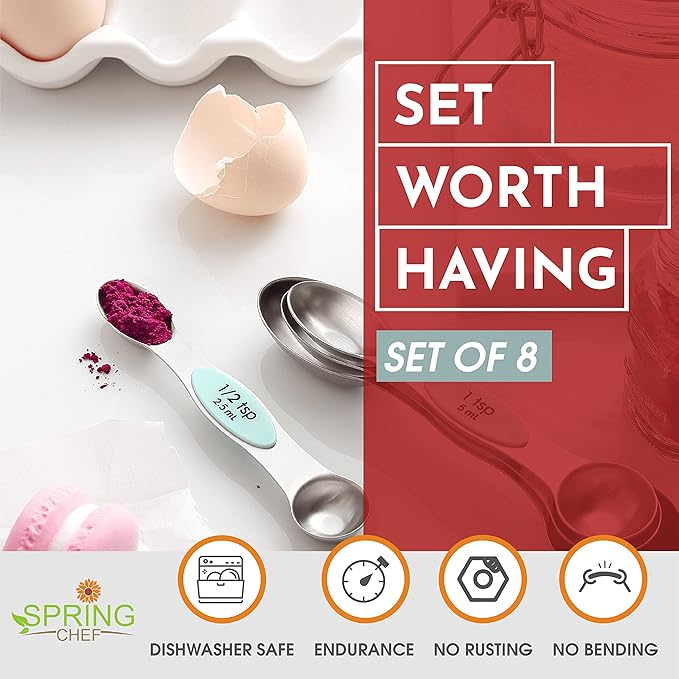 Spring Chef Stainless Steel Magnetic Measuring Cups, Set of 7 & Magnetic Measuring Spoons, Set of 8 with Leveler - 2 Product Bundle - Mint