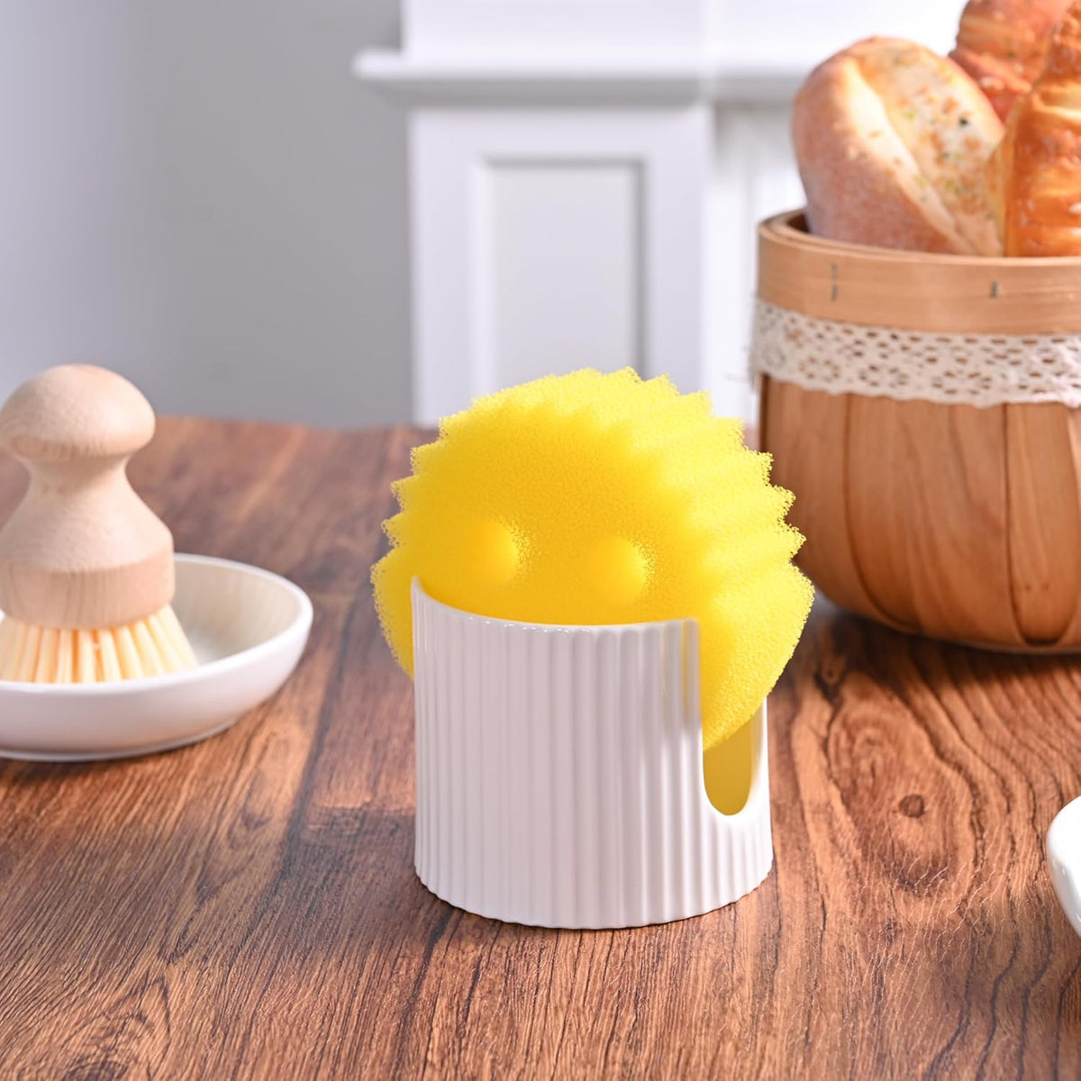 Ceramic Sponge Holder for Kitchen Sink - White Dish Sponge Caddy, Scouring Pads Drying Rack for Countertop