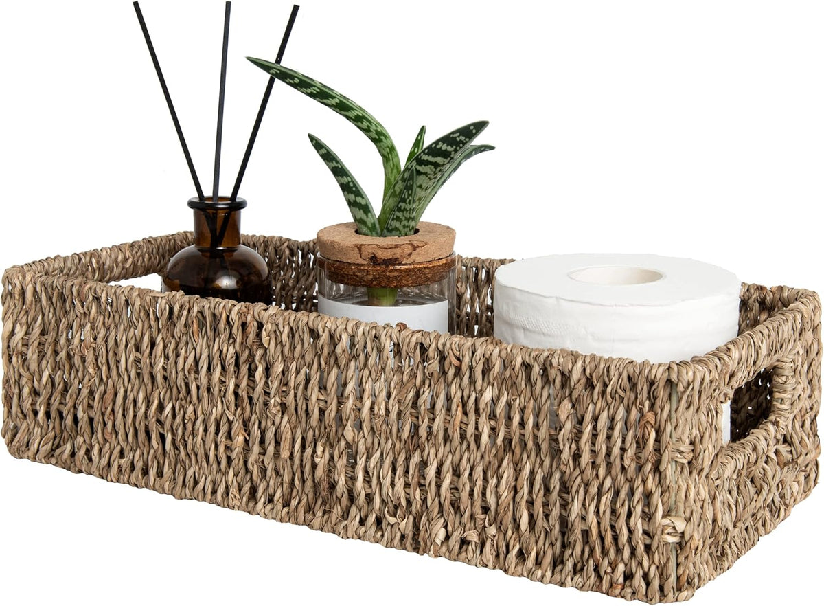 StorageWorks Seagrass Baskets with Built-in Handles, Bathroom Decor Box for Toilet Tank Top, 14 ¼"L x 6 ½"W x 3 ¾"H