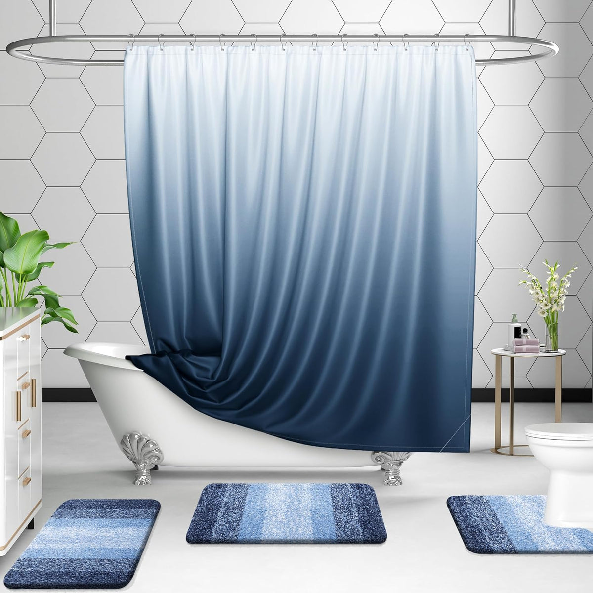 OLANLY Luxury Toilet Rugs U-Shaped 24x20, Extra Soft and Absorbent Microfiber Bathroom Rugs, Non-Slip Plush Shaggy Bath Mat, Machine Wash Dry, Contour Bathroom Mats for Toilet Base, Navy