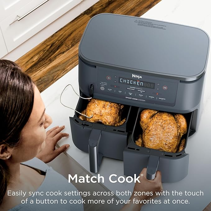 Ninja Air Fryer, Thermometer, Roast, Bake, Air Fry, Crisps, Broil, Reheats, Keep Warm, 10-in-1, Fries, Frozen Food, Veggies, and Meat, Quick Meals, Healthy Meals, Less Oil, 10 QT, GREY, DZ550GY