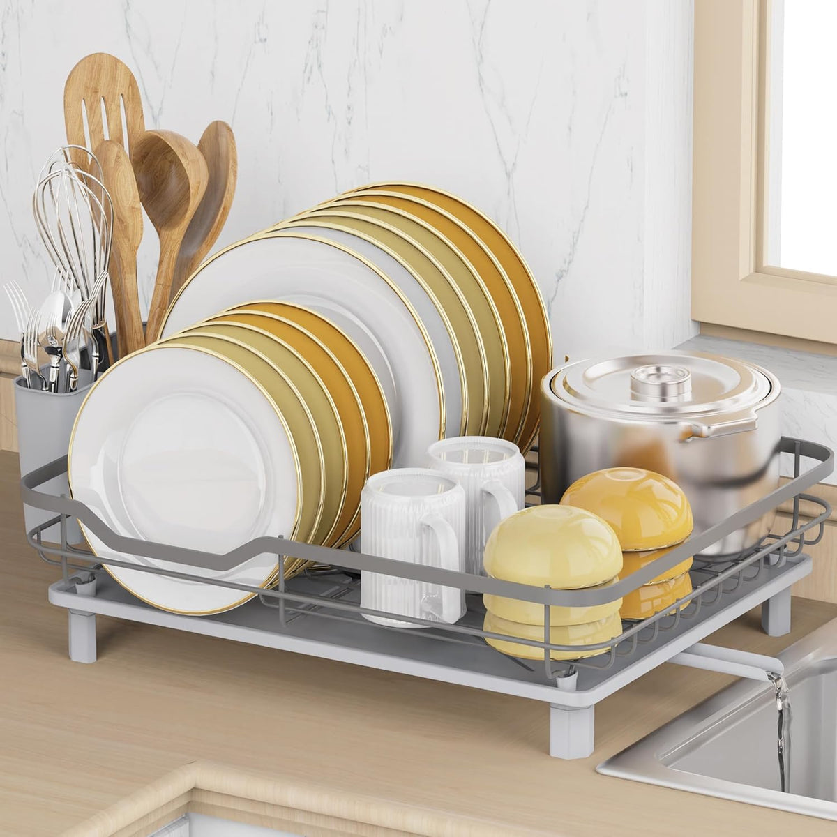 Dish Drying Rack, Stainless Steel Rustproof Dish Rack for Kitchen Counter, Sturdy Dish Drainer with Drainboard, Drainage, Utensil Holder for Various Kitchenware, 16.2"(L) x 12.6"(W), Grey