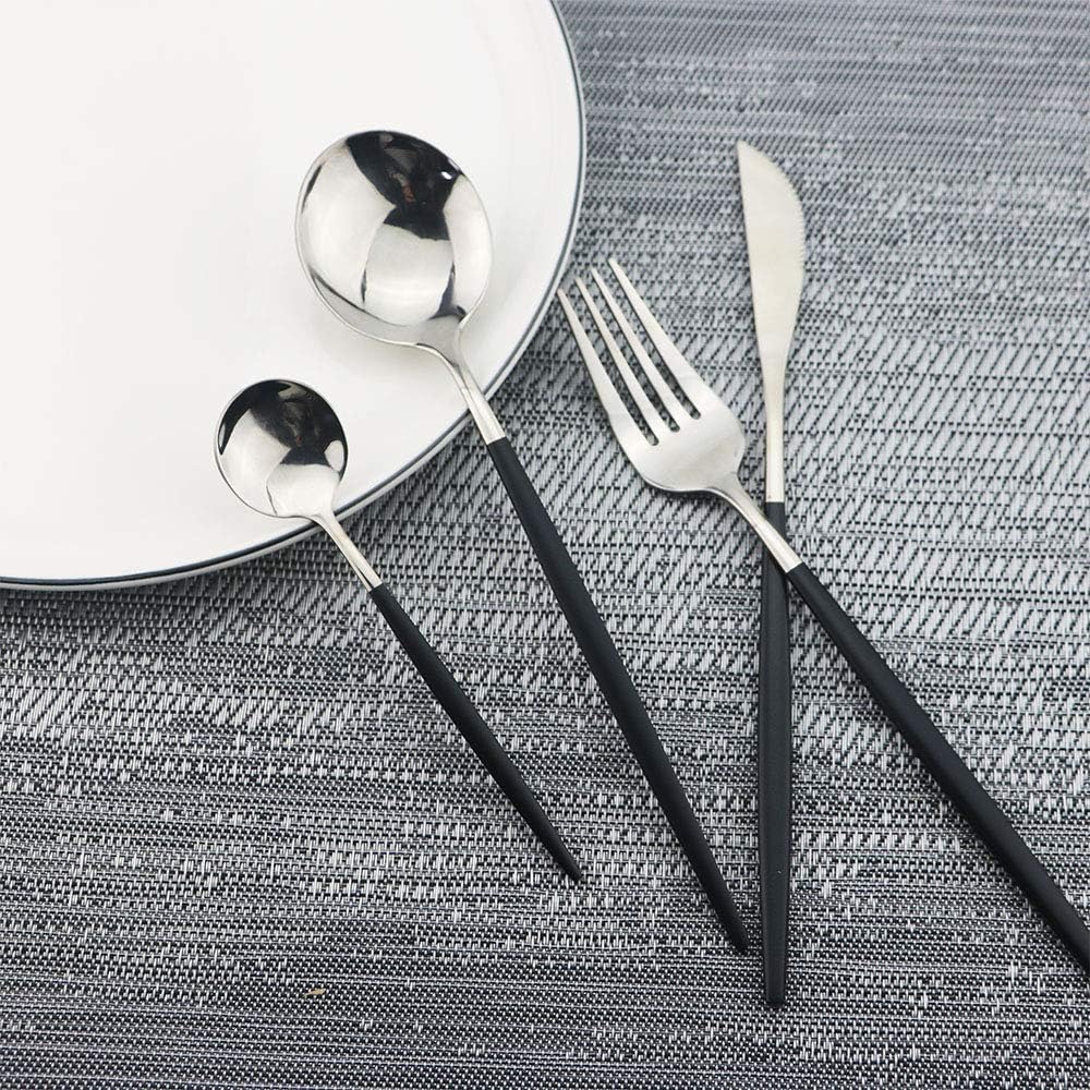 JASHII Black Silver Silverware Set, 20-Piece Stainless Steel Satin Finish Flatware, Kitchen Utensils, Mirror Polished Tableware Cutlery for Home and Restaurant, Dishwasher Safe