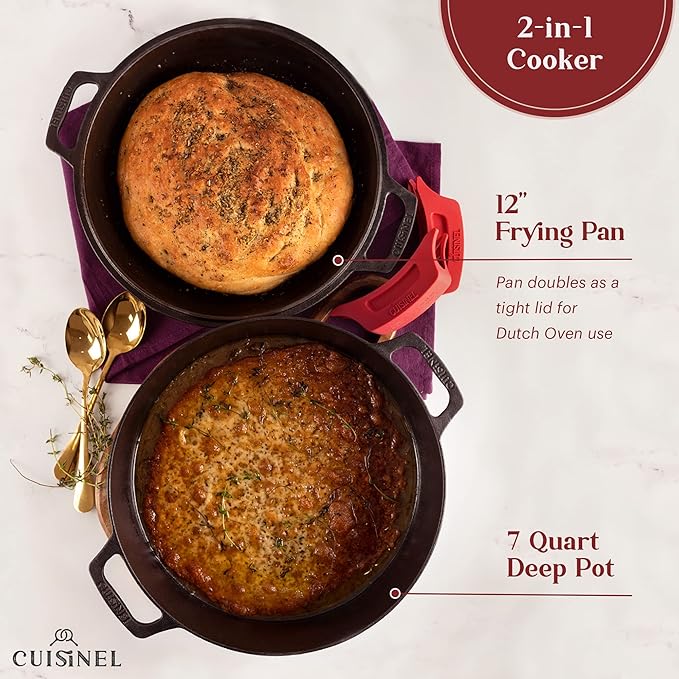 Cuisinel 7-Quart Cast Iron Dutch Oven + Pan Scraper + Silicone Handle Grips - 2-in-1 Pot+Pan Combo Skillet - Pre-Seasoned Indoor/Outdoor Cookware + Instruction & Care Booklet
