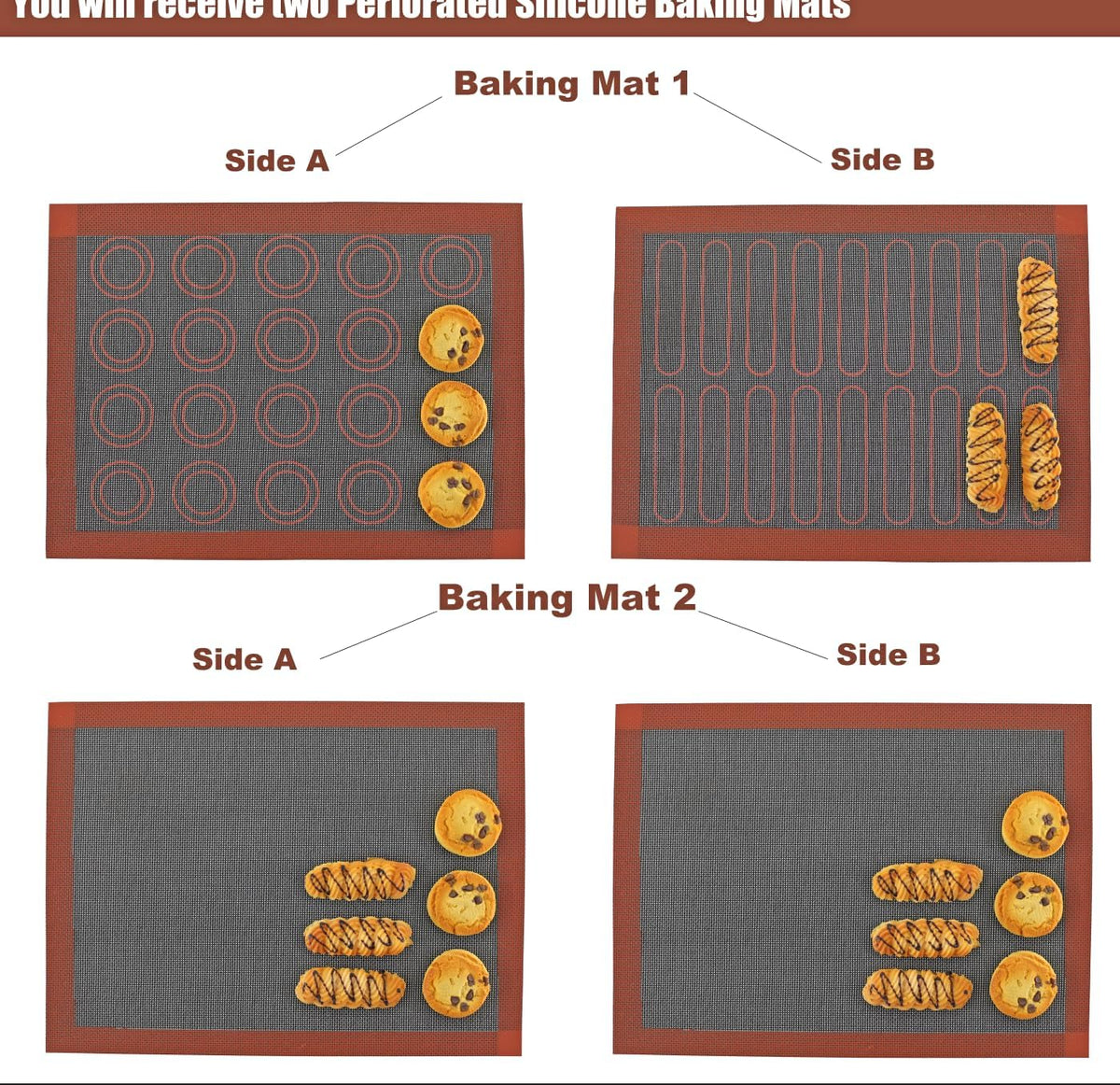 Perforated Silicone Baking Mats, 2pcs Reversible Silicone Baking Mat, Non Slip Reusable Eclair Baking Sheets for For Bread Cookies Open Mesh Oven Liners (Black-2Pcs)