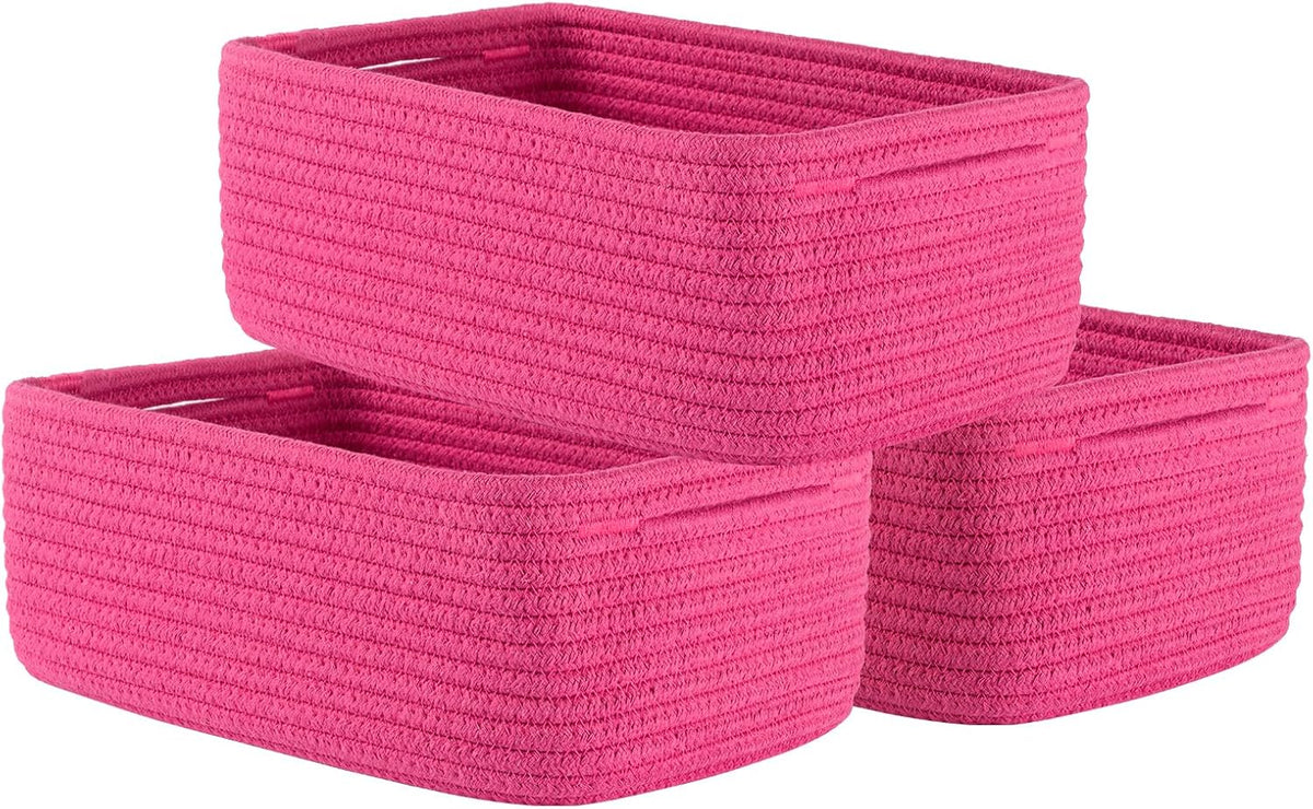 Small Woven Basket, 12 x 8 x 4.5 Inches, Storage Basket for Organizing, Cute Small Rope Shelf Closet Cube Storage Bins Baskets for Shelves, Dog Toy Gift Baskets Empty, 3 Packs, Hot Pink