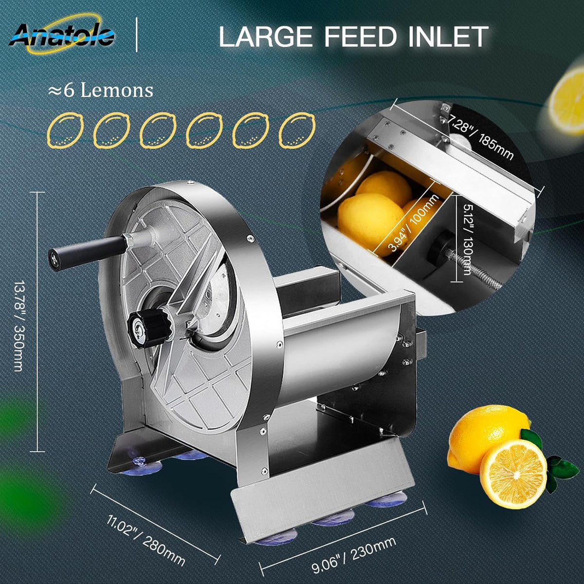 Anatole Commercial Vegetable Slicer Stainless Steel for Tomato Onion Potato Lime 0-0.5'' Thickness Adjustable Manual Fruit Cutter with 6 Suction Cups