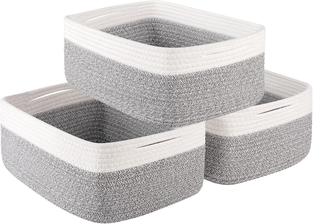Storage Baskets for Organizing 3 Pack, Woven Baskets for Shelves, Closet Organizer Bins Empty Gift Basket Toy Storage for Toys, Books, Towels, Clothes, 15"x11.42"x6.7", Grey