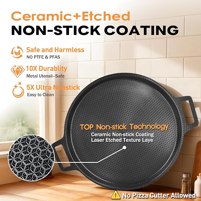 Laser-etched Nonstick Pizza Steel, 3-Layer Hybrid Steel Pizza Pan with Aluminum Core, Better Thermal Conductivity than Stone, Safe Up to 900°F, Food-grade Non-stick Oven Baking Pan, PTFE & PFAS Free