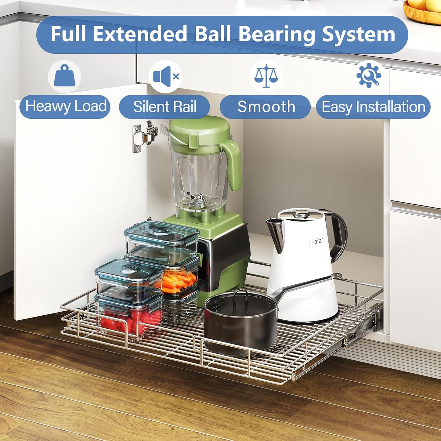 ROOMTEC Pull Out Cabinet Organizer, 27" W x 21.5" D, Heavy Duty Slide Out Kitchen Cabinet Organizers, Neutral
