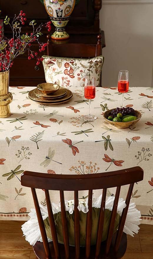 ISAENNE Designer Floral Linen Long Rectangle Tablecloth,French Off White Elegant Table Cloth,Washable Home Decor Tablecloths for Dining Thanksgiving Kitchen Christmas,63"*94"-Grace B