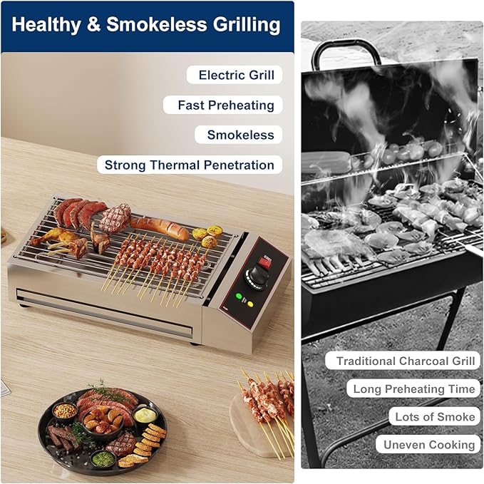 GarveeHome Electric Indoor Grill, 1800W Commercial Portable BBQ Grill Smokeless Countertop Grill with Removable Griddle, Stainless Steel, for Restaurant Home Camping Party Picnic