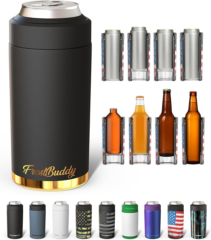 Frost Buddy Universal Buddy Can Cooler - Fits All - For Regular 12 & 16 oz or Slim-Size Bottles - Insulated Double-Walled Stainless Steel (Texastea)