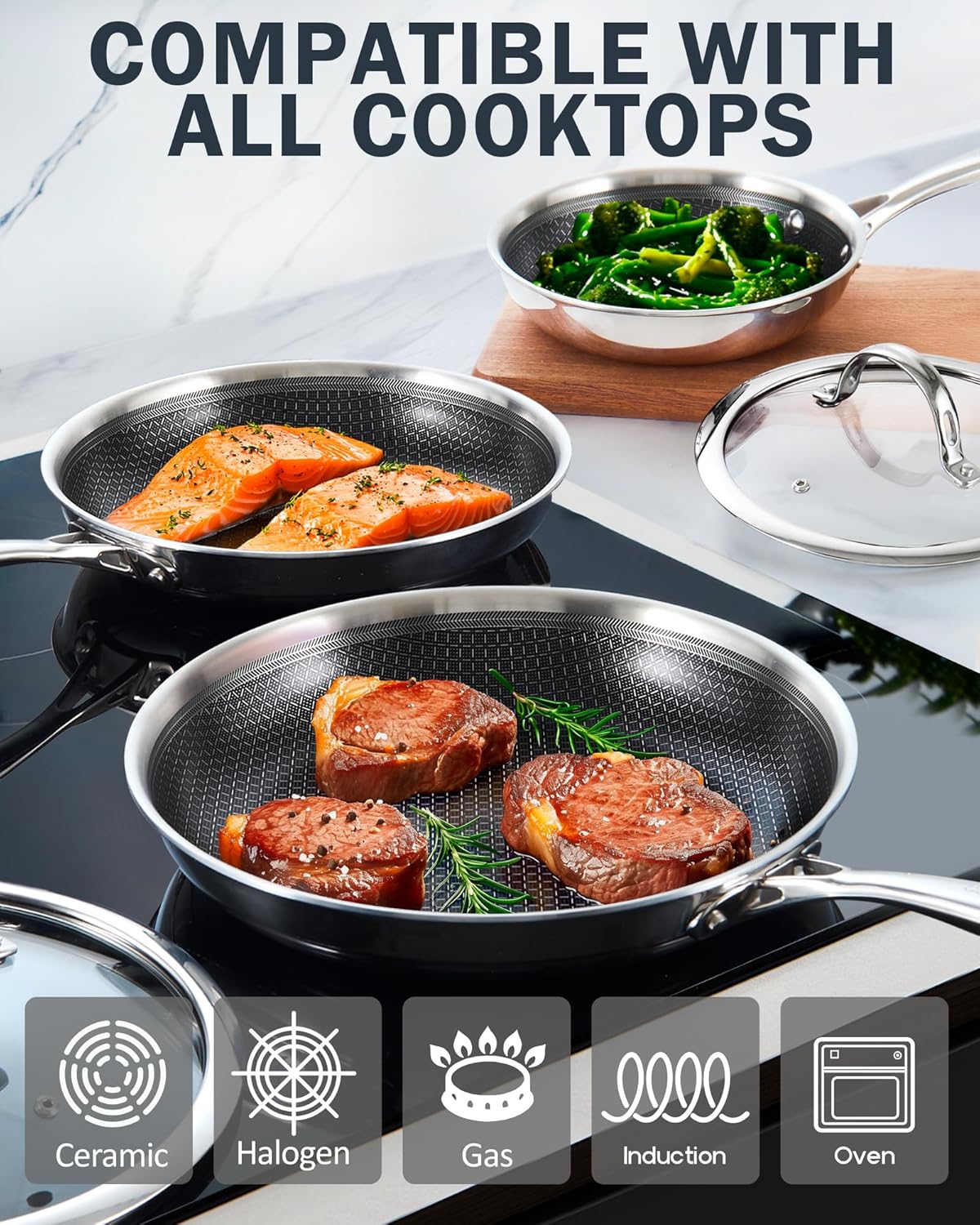 Cooks Standard Hybrid Nonstick Frying Pan, 8-Inch Skillet, Multi-Ply Clad Stainless Steel Fry Pan with Tempered Glass Lids, Oven Safe, Compatible with All Stovetops