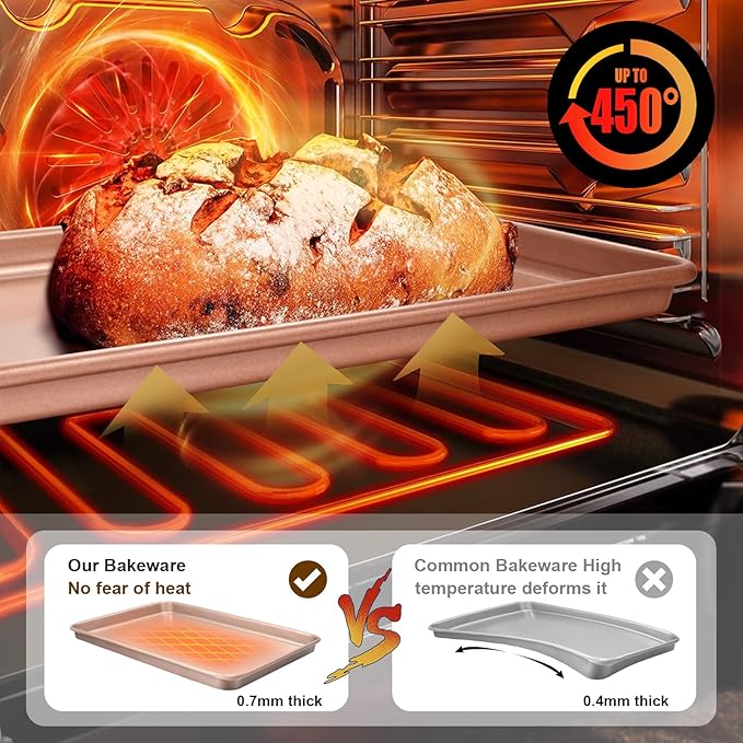 Wildone 2 Pack Half Sheet Baking Pans, Nonstick Baking Sheet for Oven, Thicker Carbon Steel Cookie Sheet 17.5x12 Inch, Heavy Duty & Easy Clean, Rose Gold