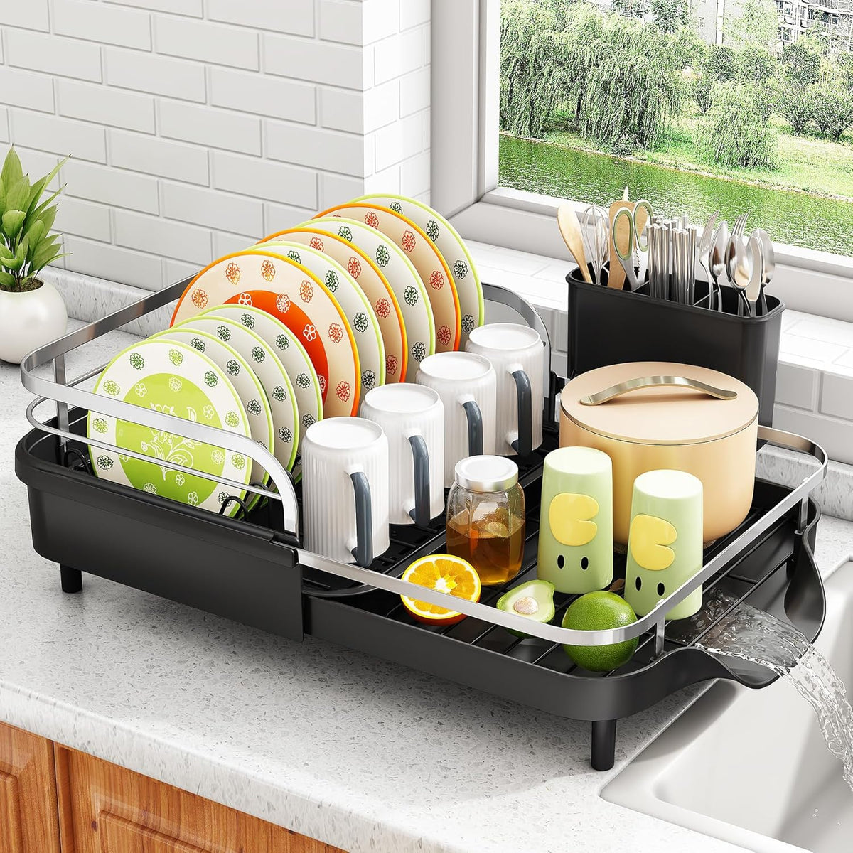SAYZH Dish Drying Rack - Expandable Dish Rack for Kitchen Counter, Rust-Resistant Dish Drainer with Utensil Holder and Raised Guardrail, Kitchen Organizer for Cup and Bottle (Black)