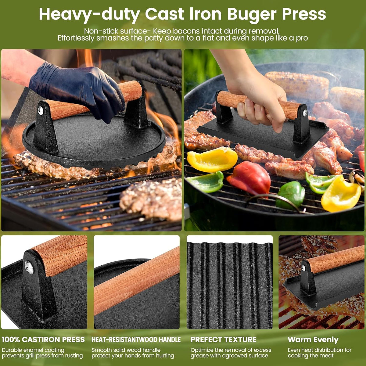 Smashed Burger Press, 7” Round Heavy-Duty Cast Iron Smash Meat Steak with Wooden Handle for Blackstone Griddle, Juicy and Crispy Burgers for BBQs, Cookouts