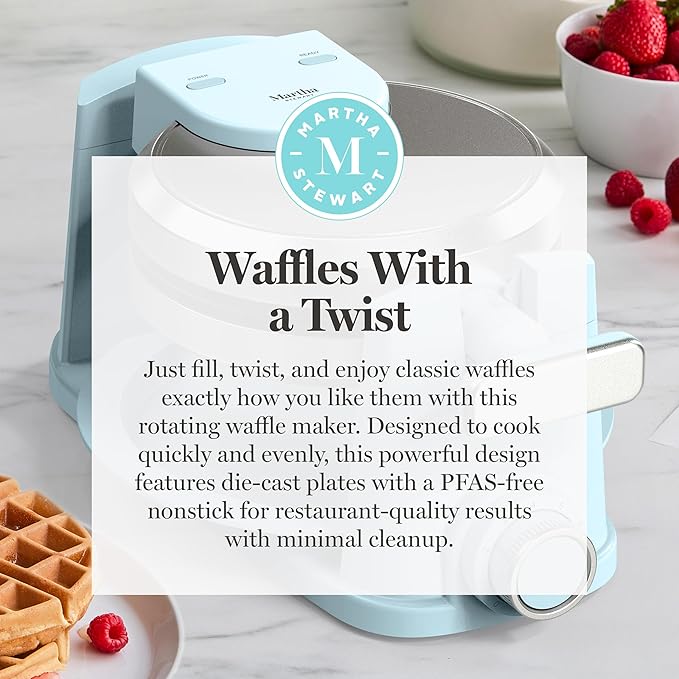 Martha Stewart Rotating Waffle Maker, 180° Flip Iron with PFAS-Free Nonstick Plates, Adjustable Timer, Ready Light, Drip Tray, Space Saving, Classic Round 7”, Easy to Clean, Stainless Steel, Sky Blue
