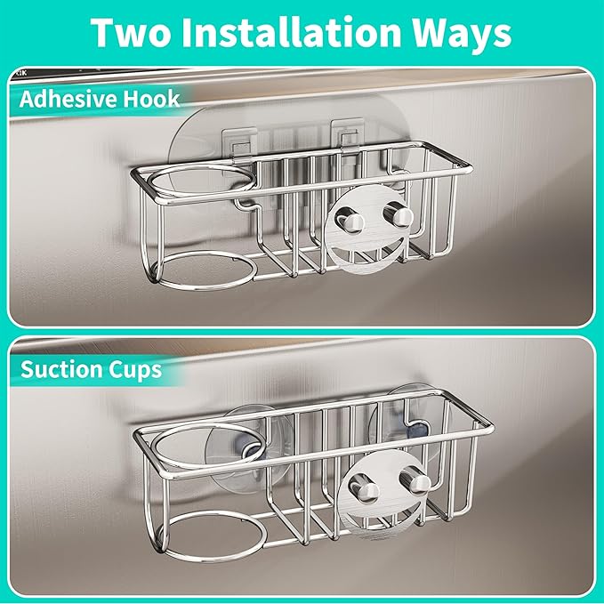 HapiRm Sink Caddy Sponge Holder - No Drill Kitchen Sink Organzier with Smiley Face Sponge Holder, Rustproof and Waterproof Kitchen Organizer - Silver