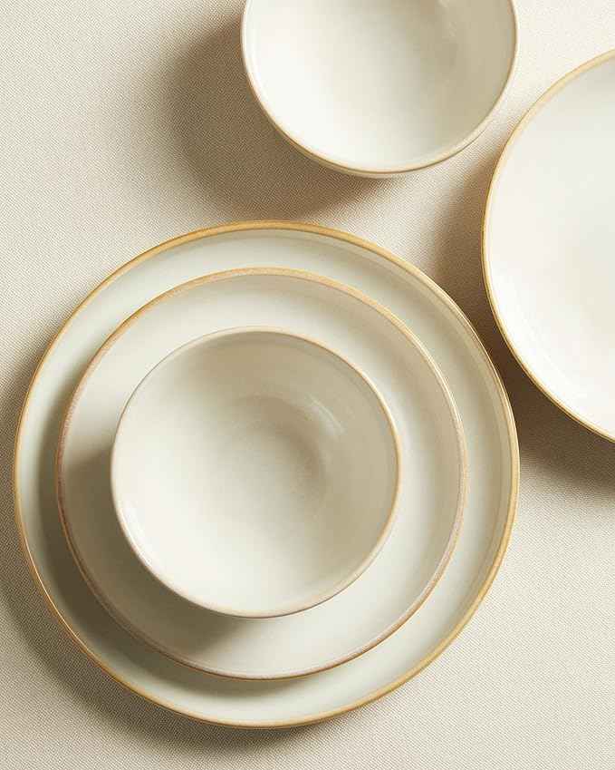 24 Piece Double Bowl Dinnerware Sets with Pasta Bowls, Highly Chip and Crack Resistant Plates and Bowls Sets, Natural Earthyware Ceramic Dishware Sets, Service for 6 Yellow White