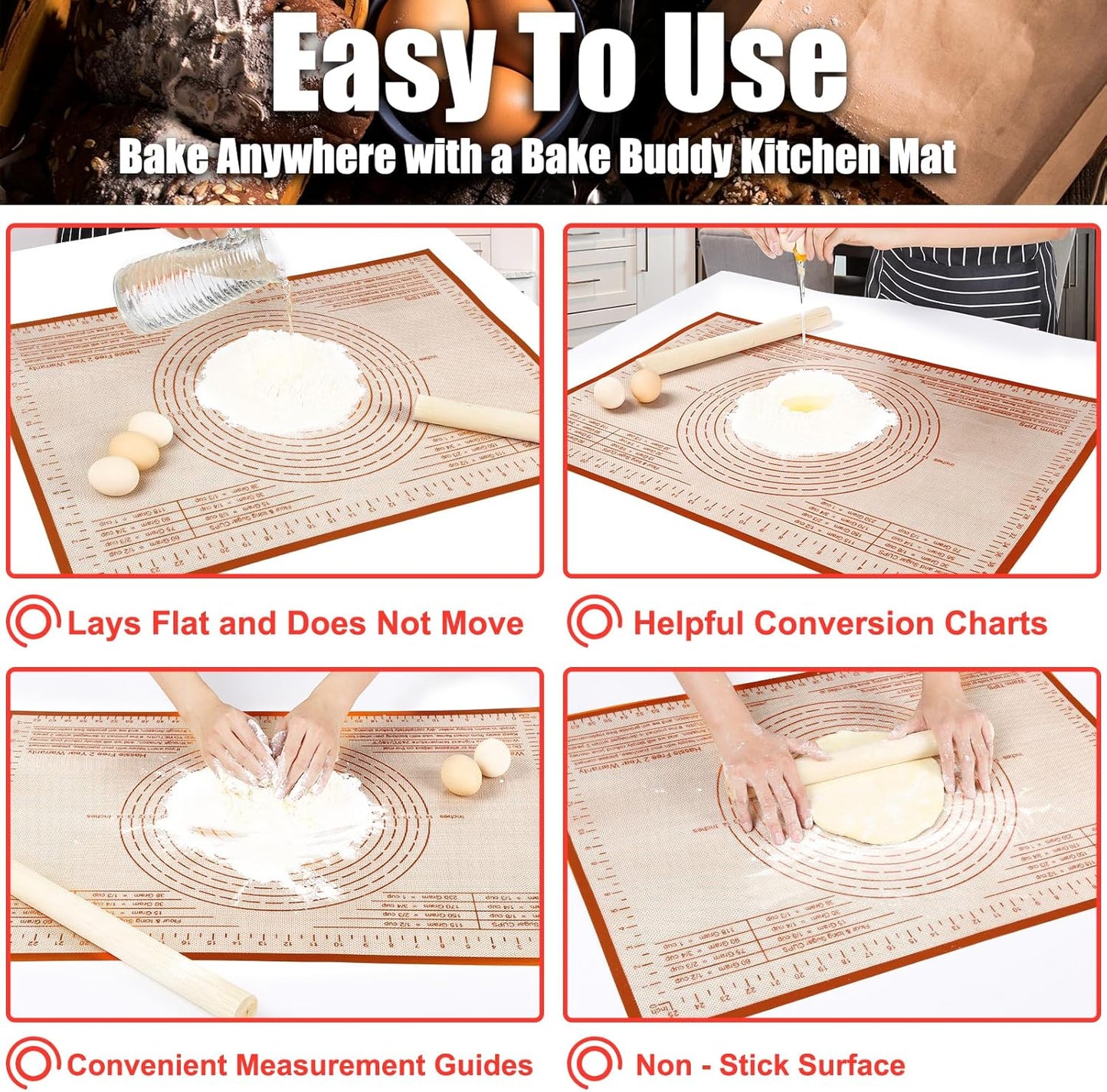 Non-slip Silicone Pastry Mat 36''By 24'' Nonstick Baking Mats Extra Large Counter Mat for Dough Rolling, Pastry, Pie Crust, Fondant, Cookies, Bread, Pasta, Pizza Mat