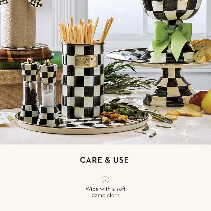 MACKENZIE-CHILDS Enamel Grinder, Refillable Manual Salt Grinder and Pepper Grinder, Black-and-White Courtly Check