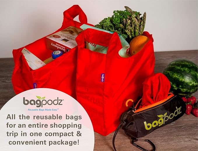 Sturdy Reusable Grocery Bags Foldable and Washable - Made From RipStop Nylon Hold 50lbs - Designed in USA Reusable Shopping Bags Inside a Compact Pod with Carry Clip - 10 Pack in Red