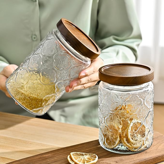 Adodeen 3-Pack 24oz Vintage Glass Jar With Lid, Glass Storage Containers, Airtight Kitchen Storage Containers For Sugar, Coffee, Tea, Spice, Flour, Candy Cookie, Pasta, Cereal