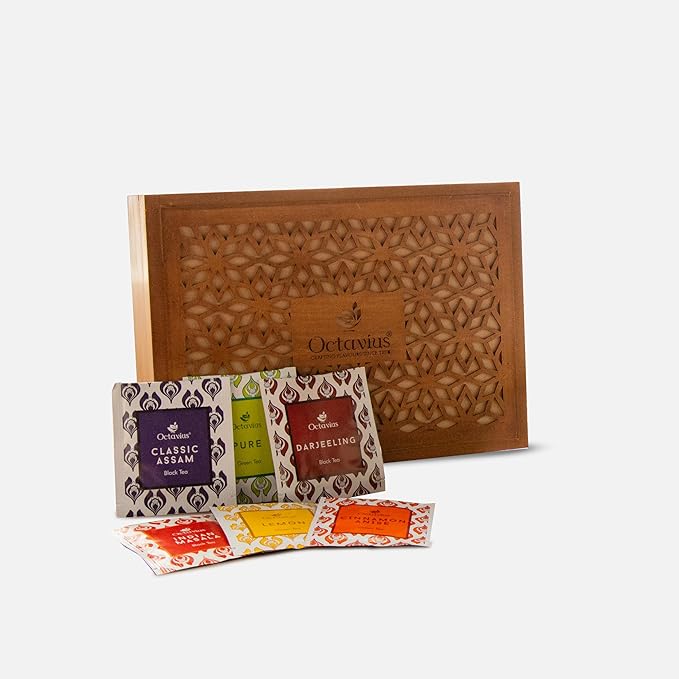 Octavius Floral Cutwork Wooden Tea Sampler Box | Tea Variety Pack Sampler | Green & Black Tea Assortment Gift Box | Perfect For Gifting & Personal Consumption - 6 flavor & 90 bags