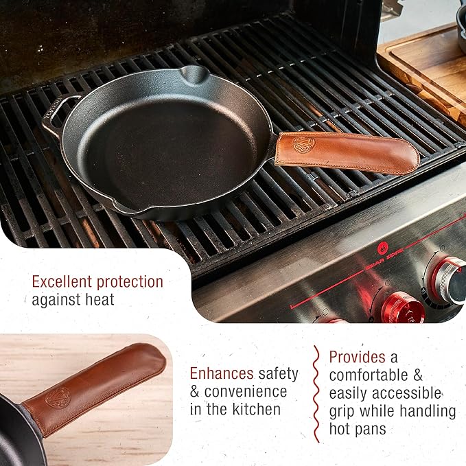 Victoria Leather Handle Cover for Cast Iron Skillets, Heat-Resistant Pan Handle Sleeve, Handmade in Colombia, Large