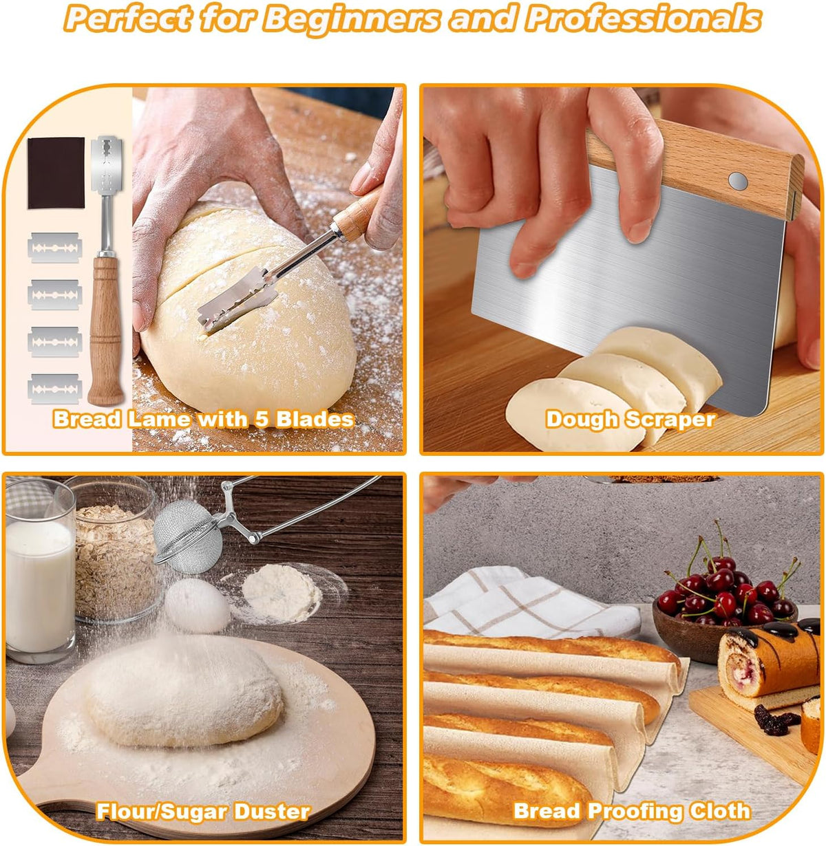 Large Sourdough Bread Baking Supplies, 10 Inch Round &12 Oval Banneton Bread Proofing Basket, Sourdough Starter Kit for Making Baking Fermentation