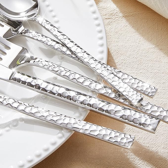 KINGSTONE 36 Piece Silverware Set with Steak Knives, Hammered Silverware Set for 6, 18/10 Stainless Steel Flatware, Cutlery Set for Home, Party, Wedding, Mirror Polished Dishwasher Safe