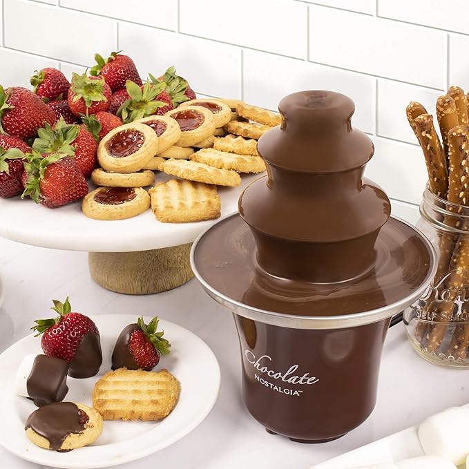 Nostalgia 3 Tier Electric Chocolate Fondue Fountain Machine for Parties - Melts Cheese, Queso, Candy, and Liqueur - Dip Strawberries, Apple Wedges, Vegetables, and More - 8-Ounce - Brown