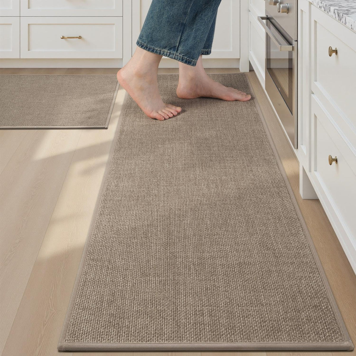tchdio Kitchen Mats for Floor Set of 2 PCS, Rubber Backed Kitchen Rugs Non Slip Washable, Superior Absorbent Kitchen Mat Easy to Clean, Comfort Kitchen Floor Mat Front of Sink Tan 17"x29"+17"x47"