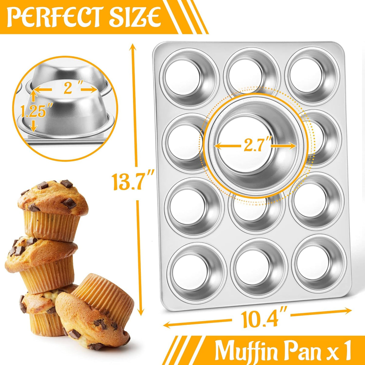 E-far Muffin Pan 12-Cup, Stainless Steel Cupcake Pan Metal Muffin Baking Tins for Oven, Regular Size & Easy Clean, Non-toxic & Dishwasher Safe
