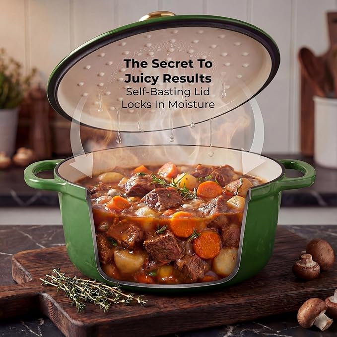 Zulay Kitchen 5 Quart Enameled Cast Iron Dutch Oven Pot with Lid – Premium Durability & Oven Safe up to 500°F – Heavy Duty Cookware Perfect for Bread Baking, Stews, Braising & Roasting – Green