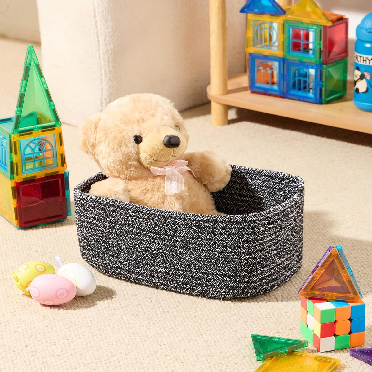 Small Storage Baskets for Organizing | Closet Organizer Bins | Shelf Toy Basket | Woven Rope Baskets | Cube Decorative Box | Shallow Basket | 11.5x7.5x4.7” | 3 Packs Dark Gray