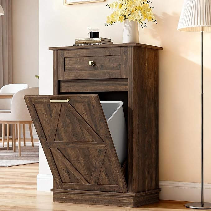 JUMMICO Tilt-Out Trash Can Cabinet, 10 Gallon Laundry Hamper Cabinets with Drawers, for Kitchen, Dining Room and Living Room (Brown, 1 Piece)