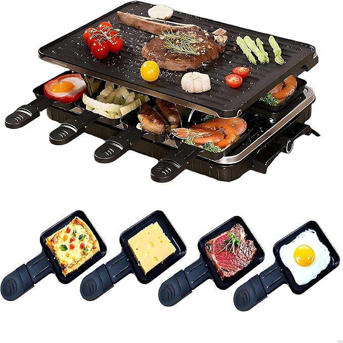 Electric Korean BBQ Indoor Grill Table Smokeless Portable Griddle Raclette Grill Nonstick with 8 Cheese Maker Pans Temperature Control & Dishwasher Safe 1300W Ideal for Parties and Family Fun