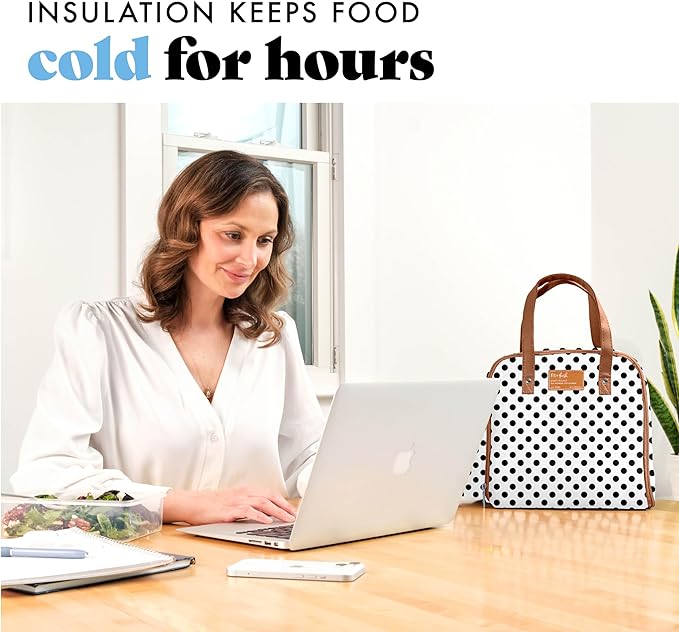 Fit & Fresh Lunch Bag For Women, Insulated Womens Lunch Bag For Work, Leakproof & Stain-Resistant Large Lunch Box For Women With Containers and Bottle, Zipper Closure Wichita Bag White Dot
