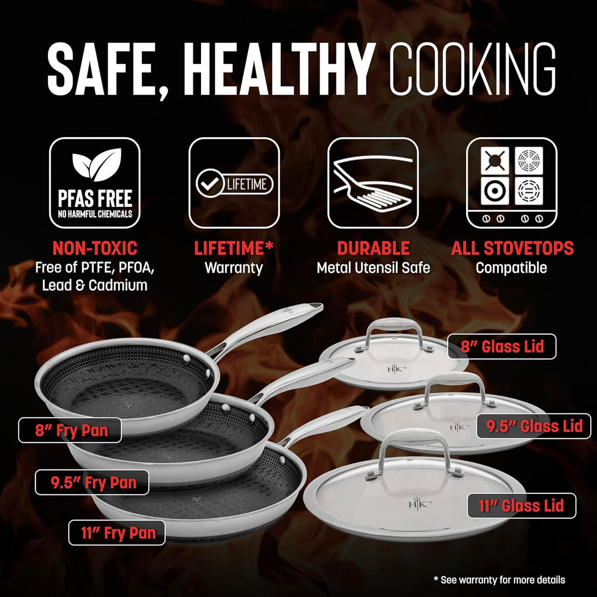 Hell's Kitchen Hybrid Fry Pan, Tri-Clad Stainless and Nonstick Ceramic PFAS Free, no PFOA, no PTFE, no Teflon, Non Toxic Cookware, Metal Utensil Safe, All Cooktops, Oven Safe (6 Piece Set with Lids)