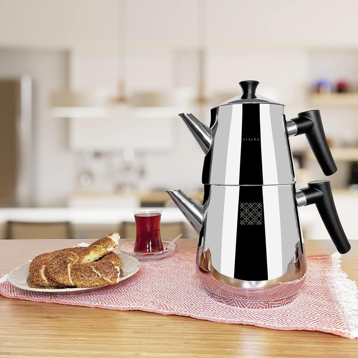 Serenk Stainless Steel Turkish Teapot Set, Double Kettle Set with Non-Slip Bakelite Handles, 101 Oz Black