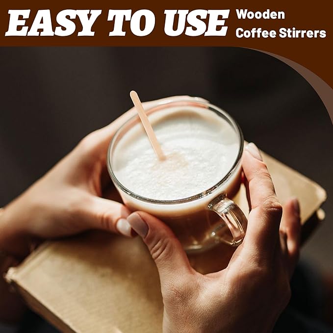 ANTETOK 100Pcs Wooden Coffee Stirrers Paper Wrapped 4.3Inch,Individually Wrapped Disposable Coffee Stir Sticks for Coffee,Tea,Cocktail and Hot Chocolate