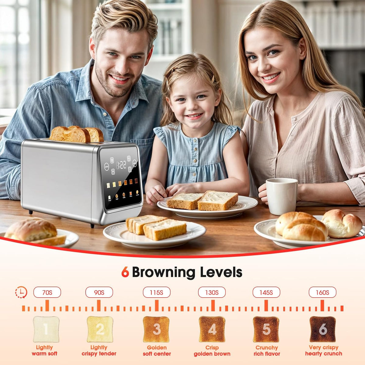 Toaster 2 Slice Wide Slot, Stainless Steel Digital Toasters Best Rated Prime, Touch Screen Toaster for 5 Bread Types/6 Shade Settings/Single Slot Toasting/Memory Function/Defrost/Reheat