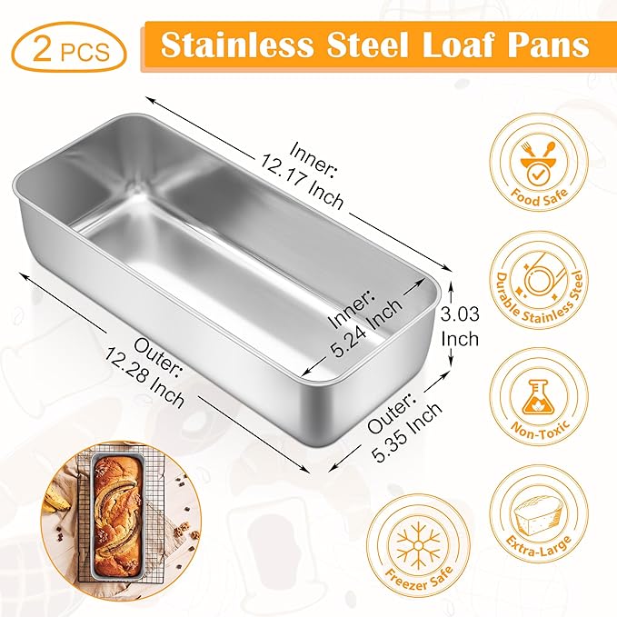 E-far Loaf Pan for Homemade Bread-2 Pack, 12” x 5” Large Stainless Steel Loaf Pans, Long Metal Bread Baking Mold for Banana Cake Meatloaf Sourdough Lasagna, Nontoxic & Dishwasher Safe