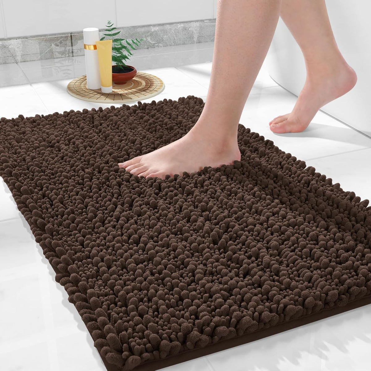 Yimobra Bathroom Rugs Non Slip Washable 32x20 Inch - Ultra Soft Absorbent Chenille Bath Mat, Quick Dry Shaggy Floor Carpet for Tub Shower, Brown Home Decor Accessories
