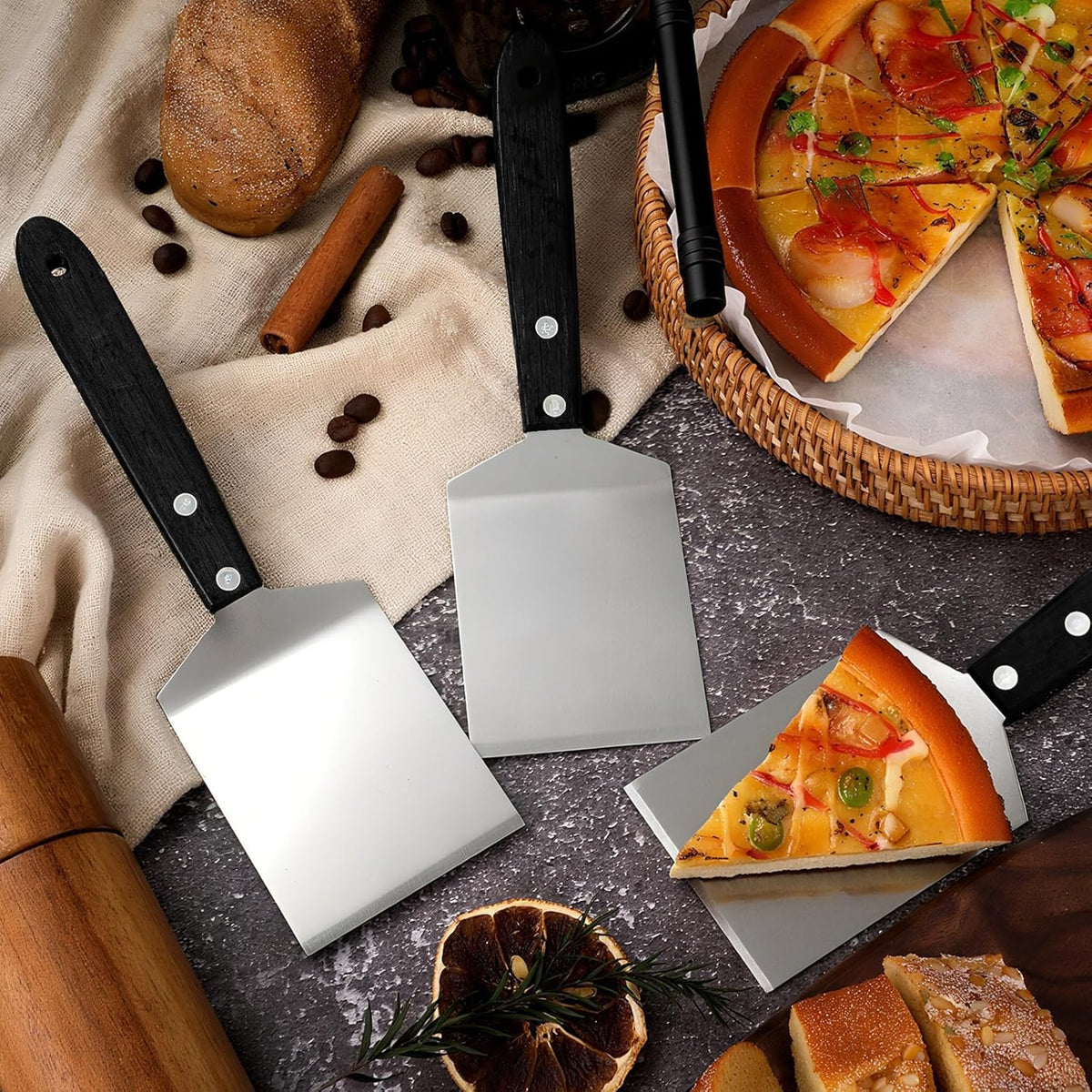 BBTO 20 Pcs Small Brownie Cookie Pizza Spatula Pie Server Stainless Steel Cake Serving Spatula Baking Triangular Spade Wood Handle Shovel for Desserts Pizza Pie Cake Biscuit (Black)