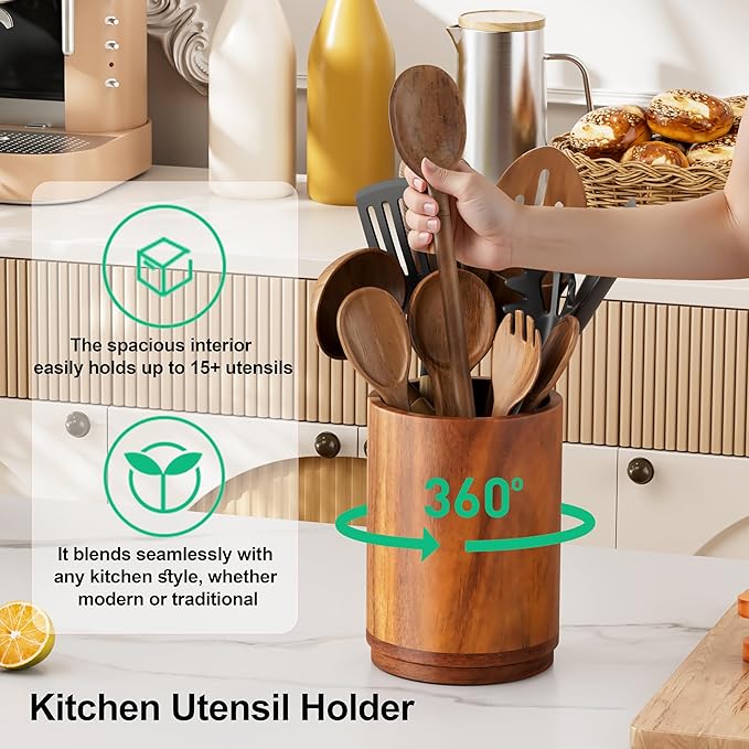 ZUJJAFY Utensil Holder, 360° Rotating Acacia Wood Kitchen Utensil Holder for Counter, 7.2" Large Cooking Utensil Crock for Countertop, Wooden Utensils Organizer for Cooking Spatula Storage